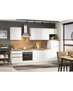 Blok kuhinja, Nera bel./bel. sijaj/hrast chalet/hladilnik D, 300 cm S22