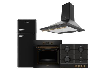 Set gospodinjskih aparatov, pečica, kuhalna plošča, napa in hladilnik, Amica retro črni