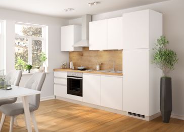 Blok kuhinja, Nera bel./bel. sijaj/hrast chalet/hladilnik D, 300 cm S19