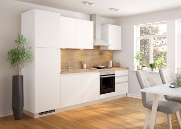 Blok kuhinja, Nera bel./bel. sijaj/hrast chalet/hladilnik L, 300 cm S19