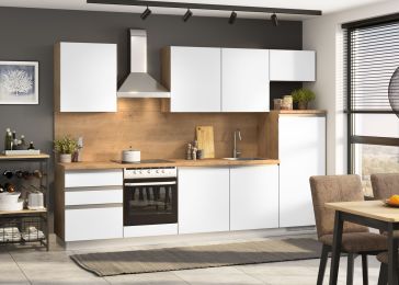 Blok kuhinja, Nera hrast chalet/bel. sijaj/hrast chalet/hladilnik D, 300 cm S20