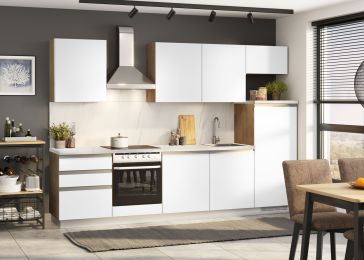 Blok kuhinja, Nera hrast chalet/bel. sijaj/marmor/hladilnk D, 300 cm S21