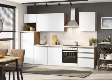 Blok kuhinja, Nera hrast chalet/bel. sijaj/marmor/hladilnik L, 300 cm