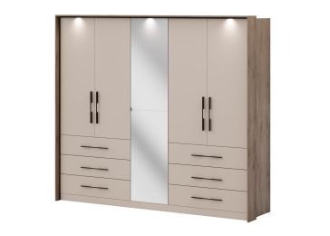 5-krilna omara, hrast canolo/mat kašmir z ogledalom in predali, 257x224, Cvita Next