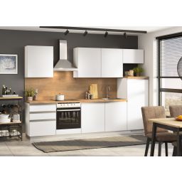 Blok kuhinja, Nera bel./bel. sijaj/hrast chalet/hladilnik D, 300 cm S22