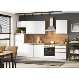 Blok kuhinja, Nera hrast chalet/bel. sijaj/hrast chalet/hladilnik L, 300 cm S20