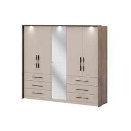 5-krilna omara, hrast canolo/mat kašmir z ogledalom in predali, 257x224, Cvita Next