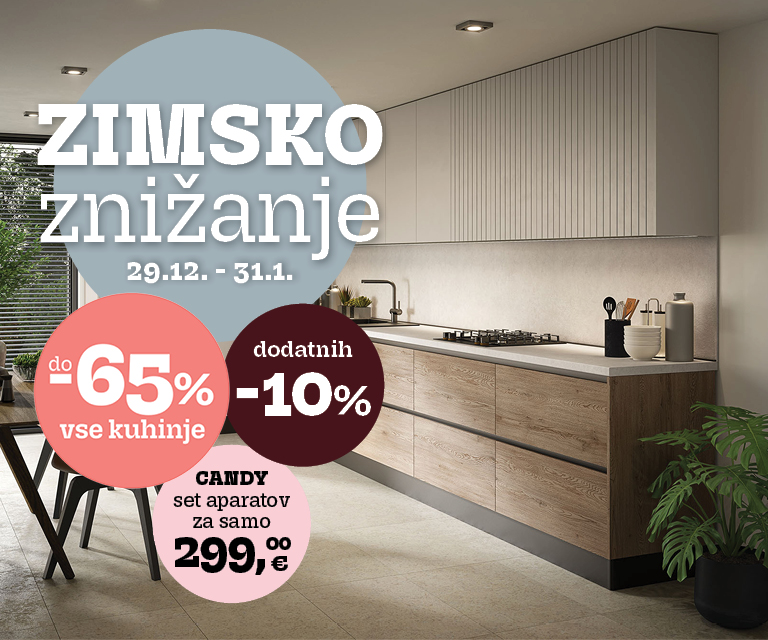 Izkoristite –65 % popusta na vse kuhinje ter dodatnih –10 % na kuhinje po meri.