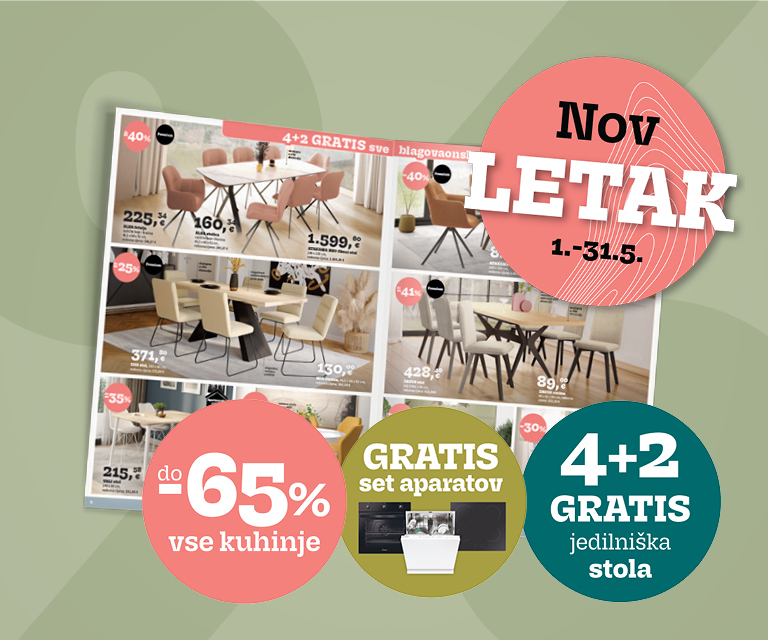 Nov letak prinaša popuste do 65% na vse kuhinje in 4+2 na jedilnice
